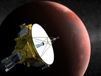 An artist's concept shows the New Horizons spacecraft as it approaches Pluto and its largest moon, Charon, in July 2015.
