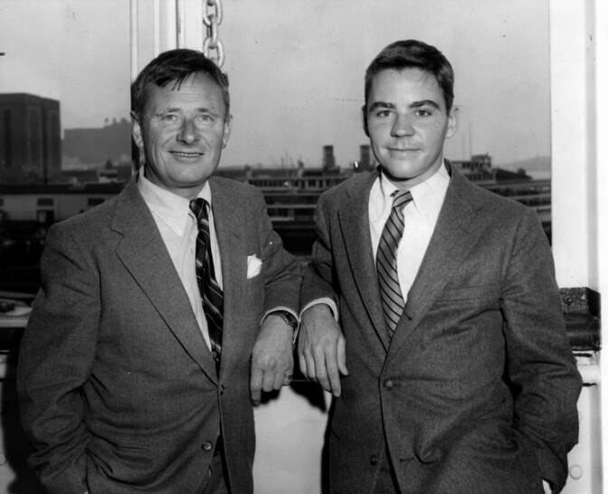Noted author Christopher Isherwood with Donald Bachardy as they sailed for Italy in 1955 for a brief vacation. 
