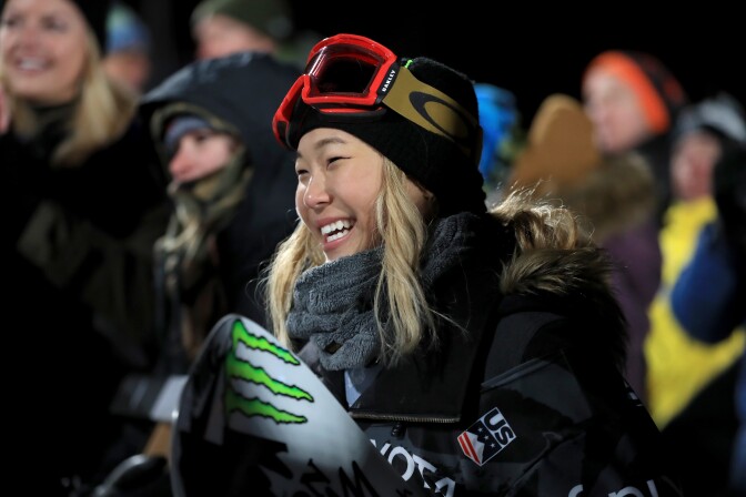 Chloe Kim looks on after finishing in second place in the final round of the Ladies' Snowboard Halfpipe during the Toyota U.S. Grand Prix on January 20, 2018 in Mammoth, California.