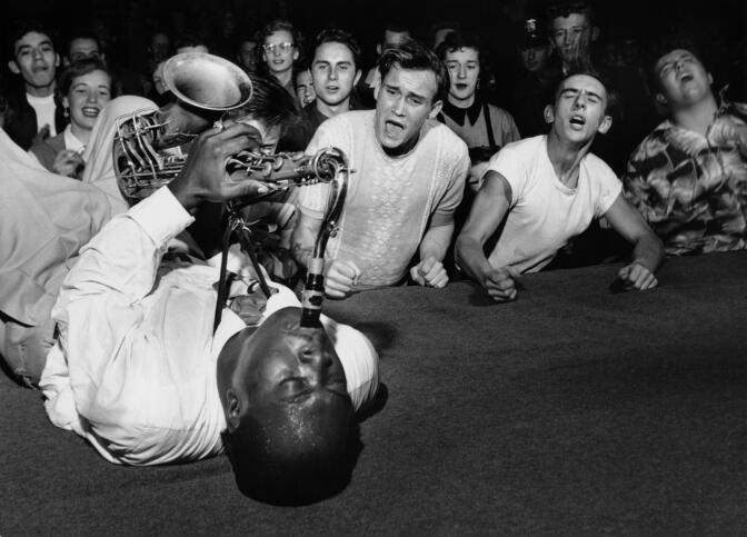 Big Jay McNeely, showman extraordinaire, at Olympic Auditorium, Los Angeles, 1951 