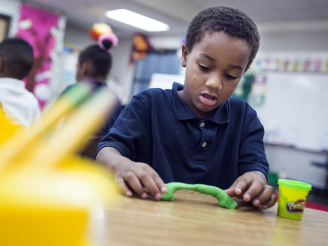 Kindergartener Thomas Harris takes part in a playdough activity at Willard Elementary School in Pasadena, two weeks into the school year, on Wednesday morning, Aug. 31, 2016.