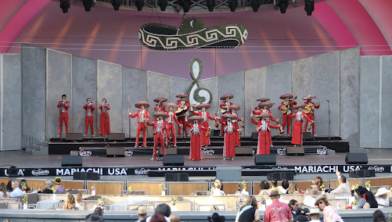 Musicians in red mariachi attire perform on a stage, with a large black traditional Mexican hat graphic above them.