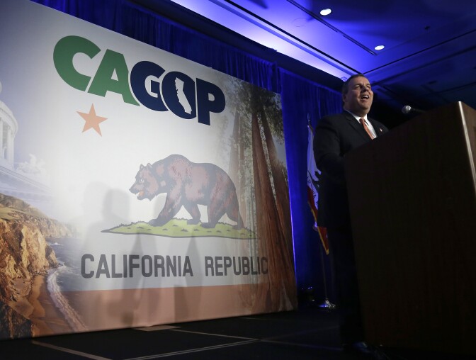 New Jersey Gov. Chris Christie addresses delegates at the California Republican Party Spring 2015 Organizing Convention in Sacramento, Calif., Saturday, Feb. 28, 2015.