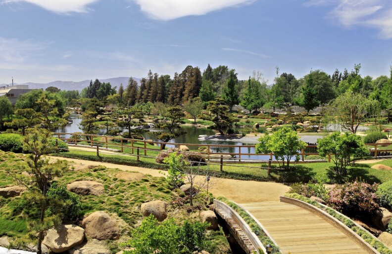 A park with bridges, greenery, and trees.
