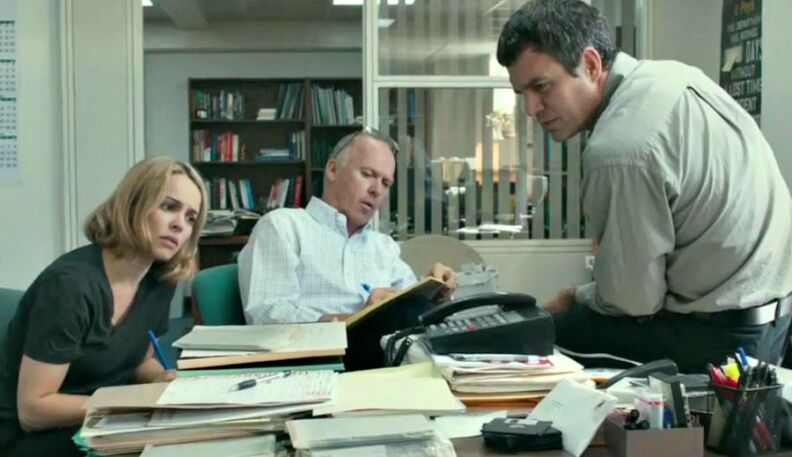 Rachel McAdams, Michael Keaton (center) and Mark Ruffalo play Boston Globe reporters who uncover a sex abuse scandal in "Spotlight."