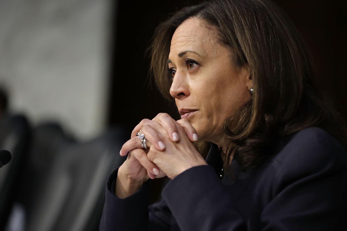 Senate Judiciary Committee member Sen. Kamala Harris (D-CA) questions witnesses during a hearing about the massacre at Marjory Stoneman Douglas High School on 14, 2018 in Washington, DC.