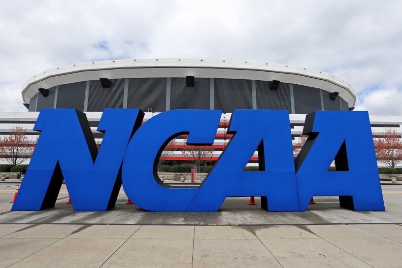 A detail of giant NCAA logo is seen outside of the stadium on the practice day prior to the NCAA Men's Final Four at the Georgia Dome on April 5, 2013 in Atlanta, Georgia. 