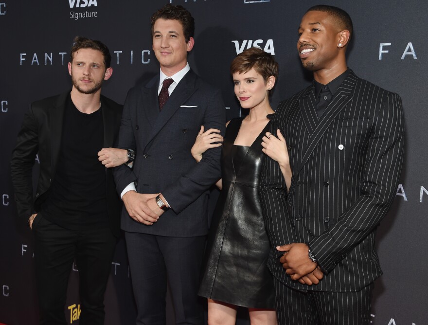 NEW YORK, NY - AUGUST 04: Actors Jamie Bell, Miles Teller, Kate Mara, and Michael B. Jordan attend the New York premiere of "Fantastic Four" at Williamsburg Cinemas on August 4, 2015 in New York City.  (Photo by Jamie McCarthy/Getty Images)