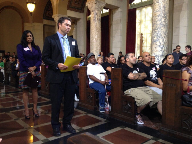Supporters of USC's redevelopment plan for South LA line up during the public comment session at City Hall.