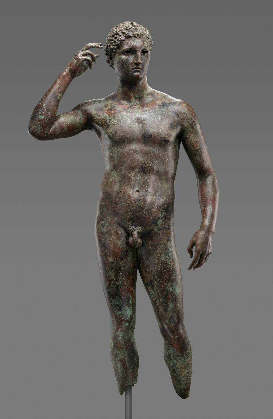 "The Victorious Youth," a bronze Greek statue, ca 300–100 B.C., on display at the Getty Villa.