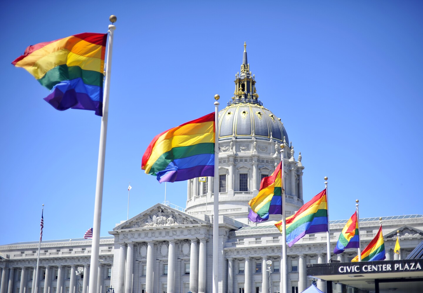 Rainbow flags line the courtyard at San Francisco's City Hall building on June 26, 2012. The US Supreme Court struck down The Defense of Marriage Act (DOMA), and declared that same-sex couples who are legally married deserve equal rights to the benefits under federal law that go to all other married couples. In another ruling, the Supreme Court cleared the way for same-sex marriages to resume in California as the justices, in a procedural ruling, turned away the defenders of Proposition 8.