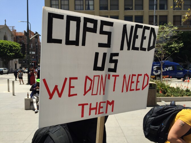 Black Lives Matter protesters assembled outside a meeting of the Los Angeles Board of Police Commissioners at LAPD headquarters on July 12, 2016. The commission was considering whether LAPD officers' shooting in August 2015 of a 30-year-old black woman, Redel Kentel Jones, was justified.
