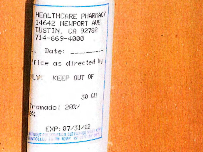 The side of the label of the tube of cream allegedly prescribed for Priscilla Lujan. It lists Tramadol as one of the ingredients, and says the cream is from Healthcare Pharmacy of Tustin.