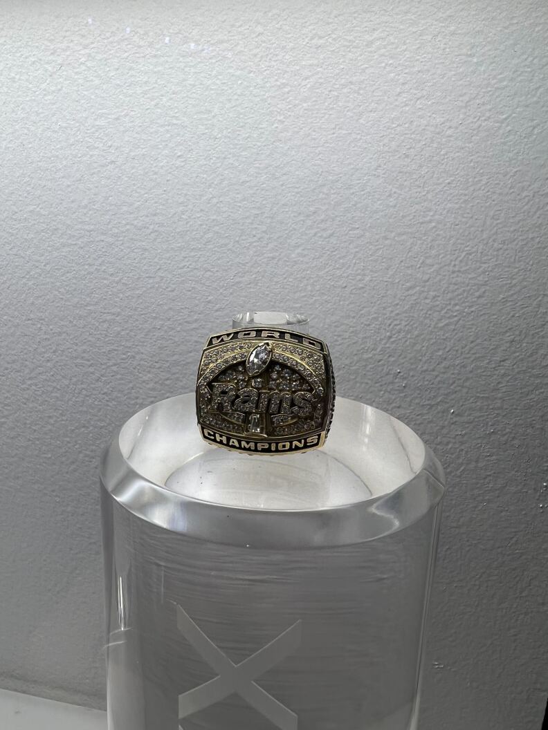 The St. Louis Rams ring from their 2000 Super Bowl Victory on display at the Super Bowl Fan Experience on February 4, 2022 at the Los Angeles Convention Center