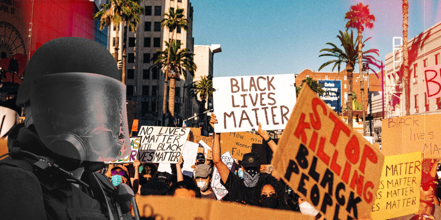 An officer in a gas mask and riot gear is in the foreground, with protesters carrying "Black Lives Matter" and similar signs in the background.