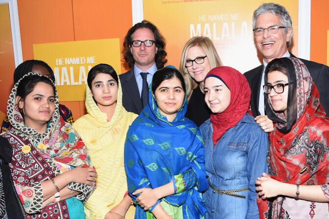 Director Davis Guggenheim, producer Walter Parkes and documentary subjects Malala Yousafai, Kainat Soomro, Kainat Riaz and Aansoo Kohli attend the "He Named Me Malala" New York premiere at Ziegfeld Theater.