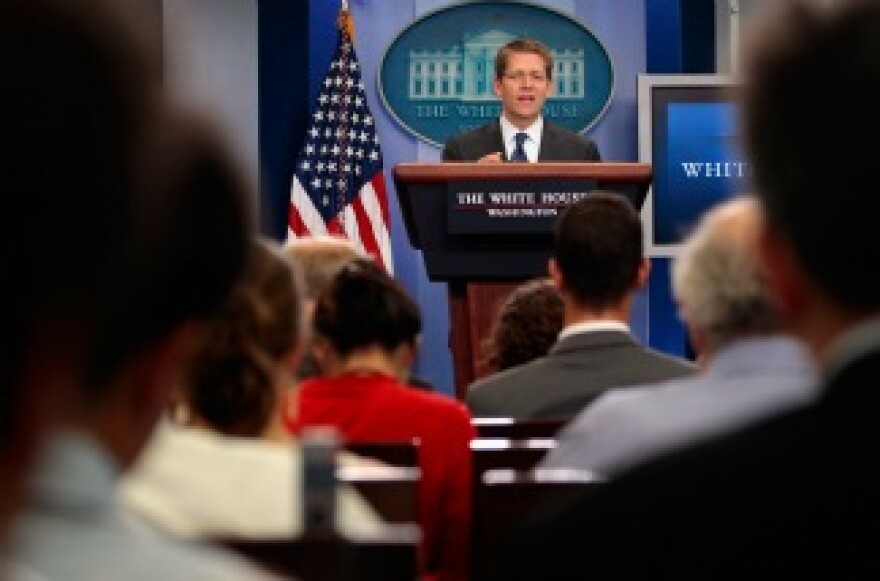 White House Press Secretary Jay Carney talks to reporters during the daily press briefing in the Brady Press Briefing Room at the White House July 28, 2011 in Washington, DC.