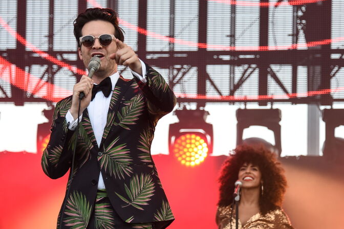 Singers from the band Tuxedo, Mayer Hawthorne (left) and Gavin Turek (right), perform on stage during the 29th Eurockeennes rock music festival on July 8, 2017 in Belfort, France.
