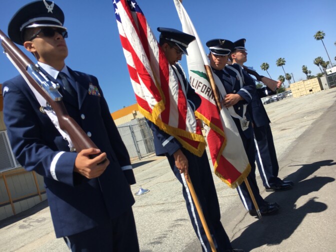 Alejandro Gutierrez, 18, far left, practices with his fellow cadets at Hemet High School as they prepare to lead a color guard ceremony at the Riverside National Cemetery for Memorial Day. 