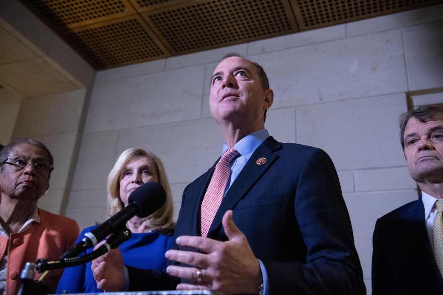 US House Intelligence Committee chairman Adam Schiff speaks to the press with other lawmakers following a closed hearing with Under Secretary of State for Political Affairs David Hale as part of the impeachment inquiry at the US Capitol in Washington, DC, on November 6, 2019. (Photo by NICHOLAS KAMM / AFP) (Photo by NICHOLAS KAMM/AFP via Getty Images)