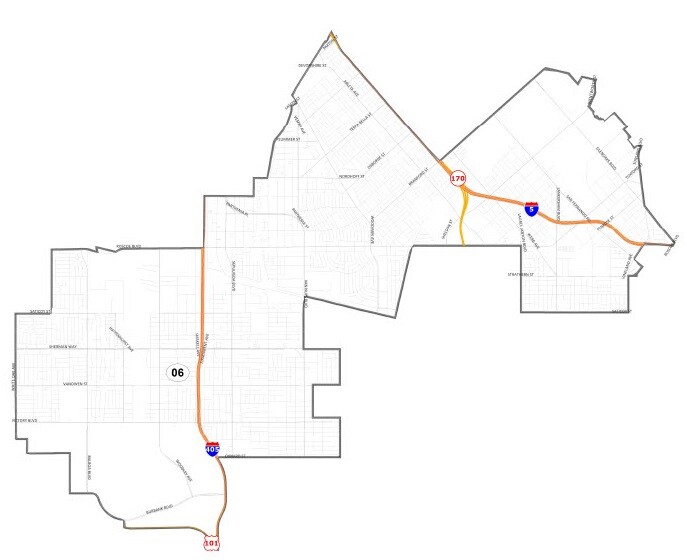 Map shows boundaries of District 6, which has the 405, 5 and 170 running across it. Neighborhoods include all or part of Arleta, Van Nuys, Sun Valley, North Hollywood, Lake Balboa, North Hills and Panorama City.