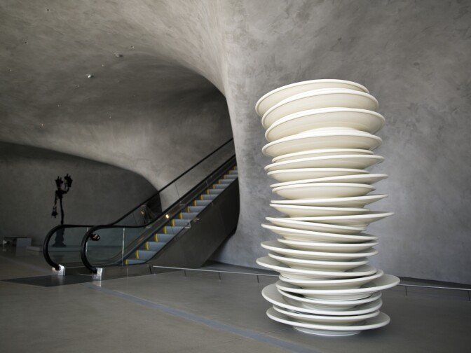 An untitled sculpture from 1993 by Robert Therrien greets visitors immediately in the North entrance of The Broad.