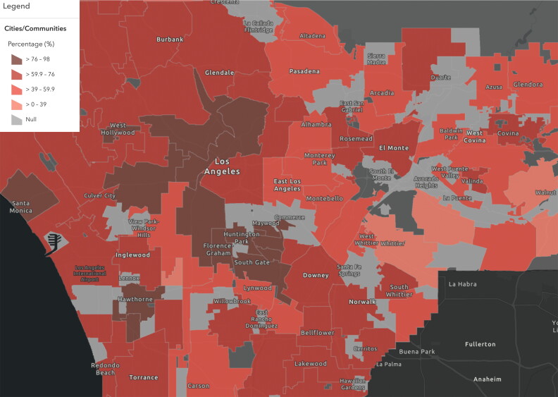 A map of L.A. County that is broken into neighborhoods, color coded to show percentage of residents who live within walking distance of a grocery store.