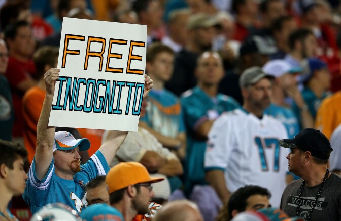 A Miami Dolphins fan holds a sign for Richie Incognito during a game against the Tampa Bay Buccaneers at Raymond James Stadium on November 11, 2013 in Tampa, Florida. 