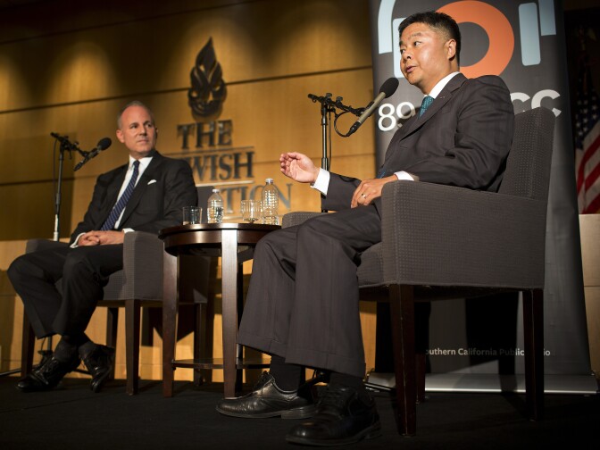 California congressional candidate and State Senator Ted Lieu, right, takes part in a debate with opposing congressional candidate Elan Carr at The Jewish Federation of Greater Los Angeles on Wednesday night, Oct. 22, 2014. The event was jointly presented by KPCC and USC's Unruh Institute of Politics.