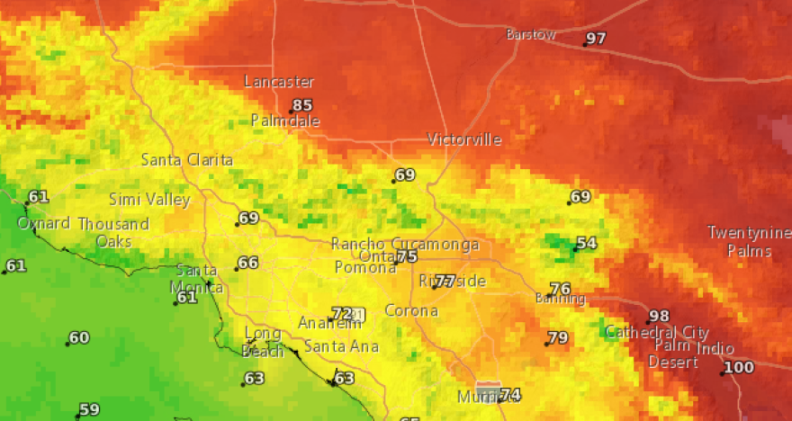 A geothermal map of SoCal in shades of orange, yellow and some green with white numbers over different cities.