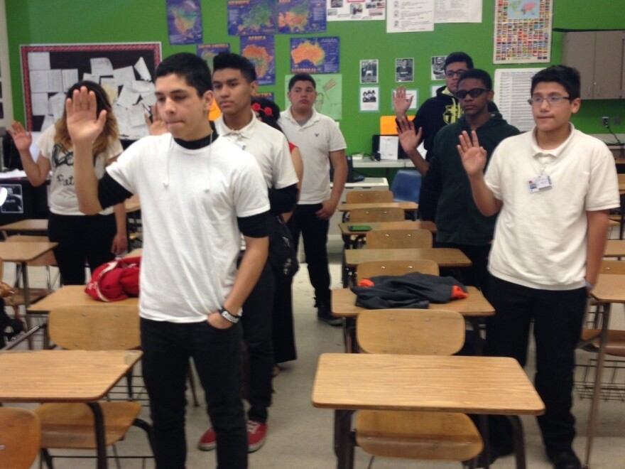 A jury of 9th-graders is sworn in at a "teen court" session in Michigan.