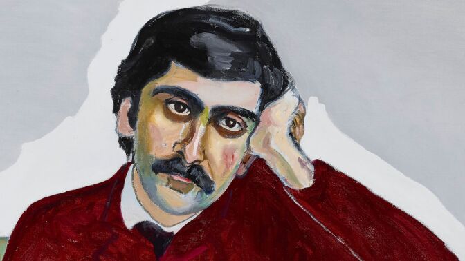 An Alice Neel painting. It depicts a man with dark hair and mustache leaning on his hand as if bored. He's wearing a red sweater or jacket over a collared shirt.