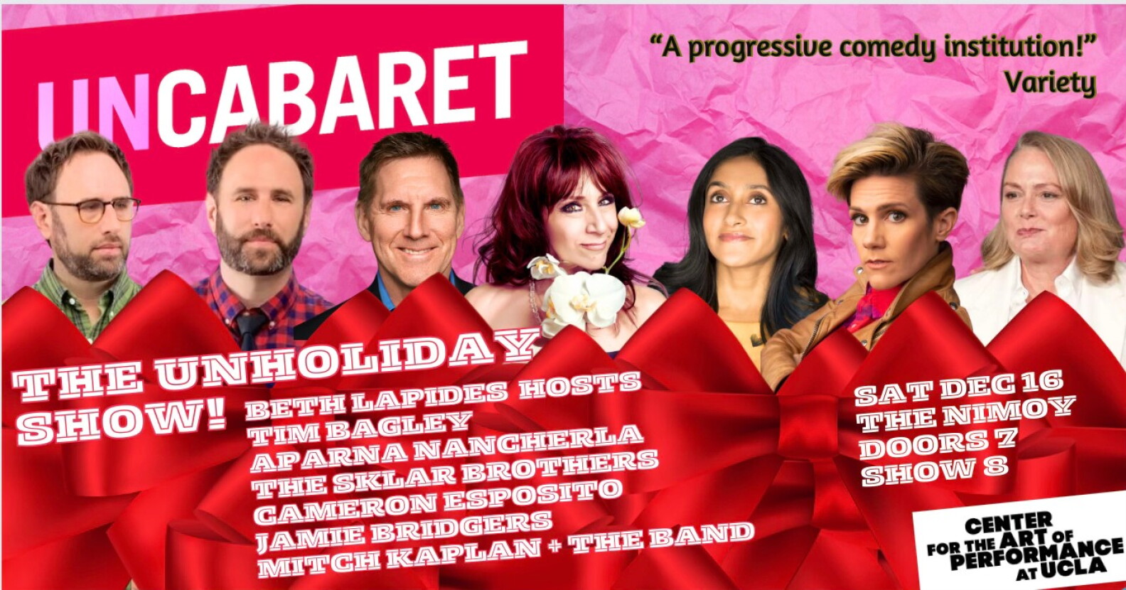 A flyer for 'Uncabaret' depicts seven comedians against a pink and red backdrop.