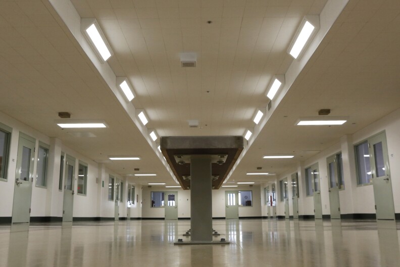 One of the main circulation areas with treatment rooms and and offices is seen at the of the newly opened mental health treatment unit at the California Medical Facility in Vacaville, Calif., Thursday, Feb. 14, 2013.  The  $24 million treatment center for mentally ill inmates opened on Thursday as state corrections officials used the occasion to push for ending federal oversight of that aspect of prison operations. The 44,000-square-foot building includes rooms where inmates will undergo individual, group and recreational outpatient therapy. It will be used to treat inmates who are seriously mentally ill but are able to function without around-the-clock care.