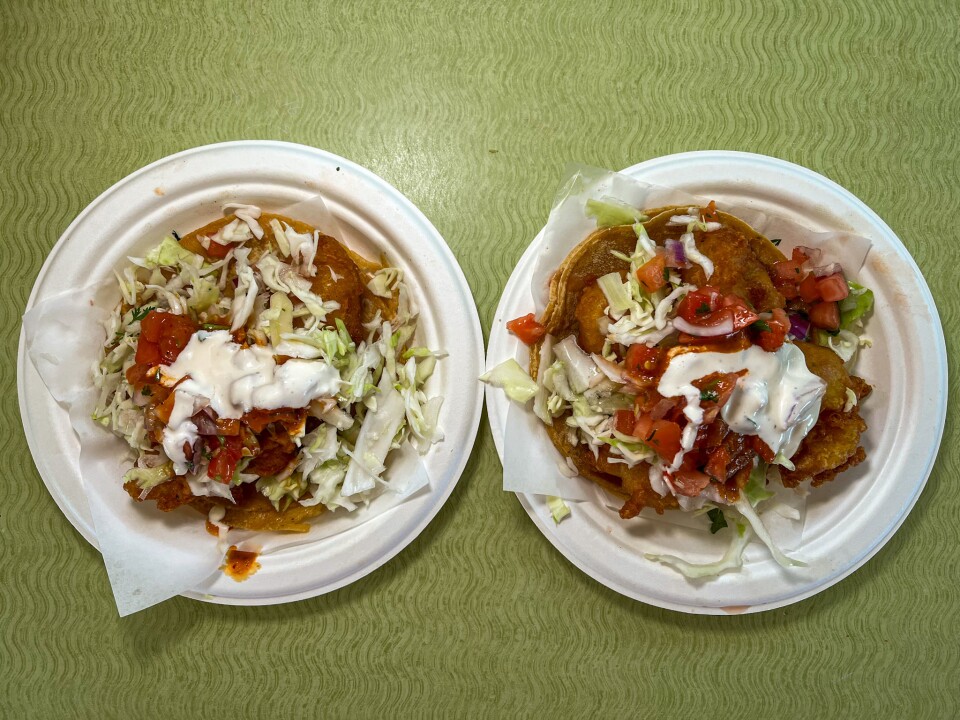 Two small white paper plates holding tacos are topped with light green shredded cabbage and chunky red salsa, all set against a light green surface.