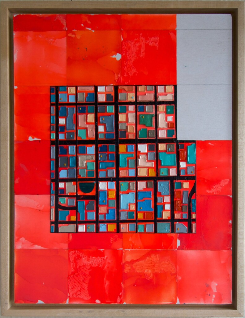 An red-based oil painting of Koreatown.