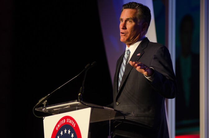 Republican Presidential Candidate Mitt Romney speaks at the United States Hispanic Chamber of Commerce’s 33rd annual national convention at the JW Marriott Hotel in Los Angeles Calif., Monday, September 17, 2012. Romney addressed a large crowd of Hispanic business leaders and spoke on topics including healthcare, immigration, jobs, and education.