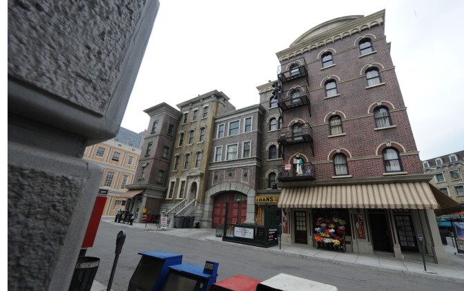 View of the Universal Studios newly rebuilt New York Street backlot locations, in Los Angeles on May 27, 2010.  Universal Studios rebuilt the 13 city blocks of newly created filming locations on four acres at the historic studio lot in the largest construction project in studio history. The previous backlot location burnt down in an accidental fire on June 1, 2008                AFP PHOTO/Mark RALSTON (Photo credit should read MARK RALSTON/AFP/Getty Images)
