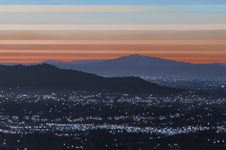 A painting showing nearly photorealistic blurred images of the Los Angeles landscape, showing lights among two hills, with layers of red, pink, and blue rising into the sky.