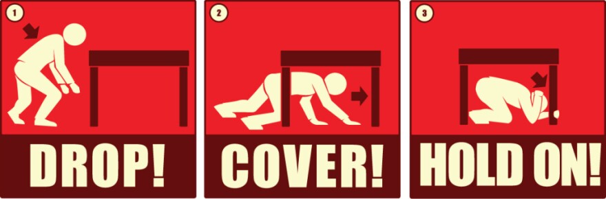 An image showing what to do in an earthquake.
