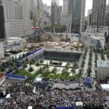 US President Barack Obama addresses the relatives at the 9/11 memorial in New York, September 11, 2011, during the official ceremony marking the 10th anniversary of the terrorist attack.
