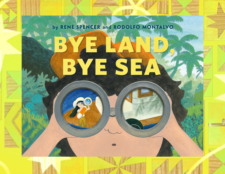 The cover of a children's book entitled, "Bye Land, Bye Sea," and showing a young child holding up a pair of binoculars.