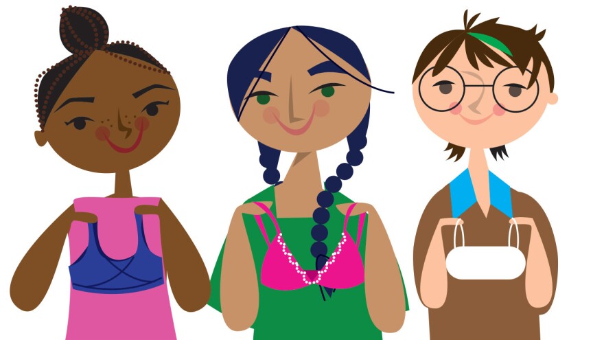 Three illustrated people with skins tones ranging from dark to light hold different types of underwear