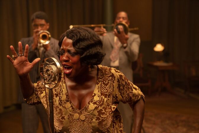 Chadwick Boseman as Levee, Viola Davis as Ma Rainey and Colman Domingo as Cutler in "Ma Rainey's Black Bottom."