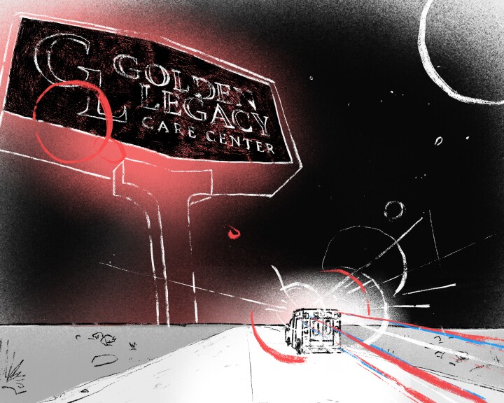 An impressionistic black and white illustration shows an ambulance racing down an empty street below a larger-than-life sign that reads "Golden Legacy Care Center." A red glow emits from the sign, and streaks of red and blue light trail the ambulance.