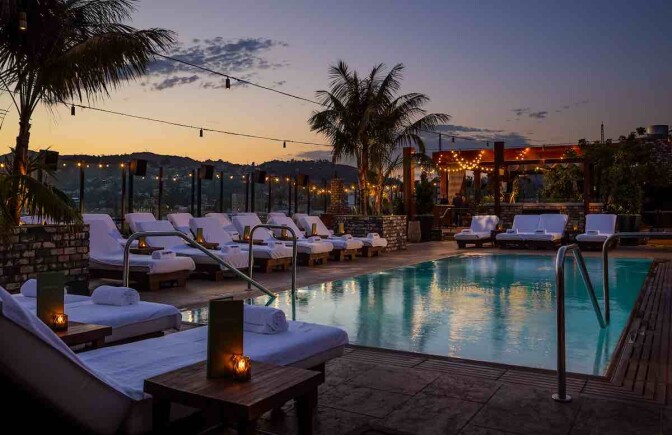 The pool at The Highlight Room taken at sunset.