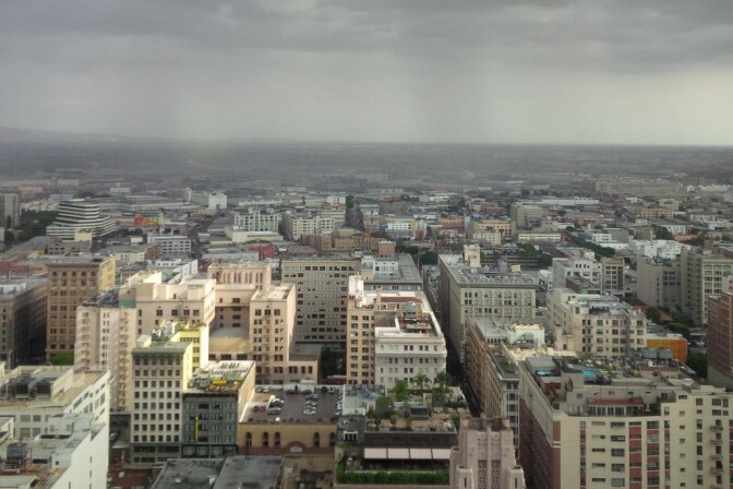Rain in downtown Los Angeles on Monday, Oct. 19, 2015.