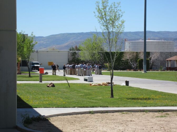 Students line up to be moved from one area of the camp to another at L.A. County's Challenger probation camp.