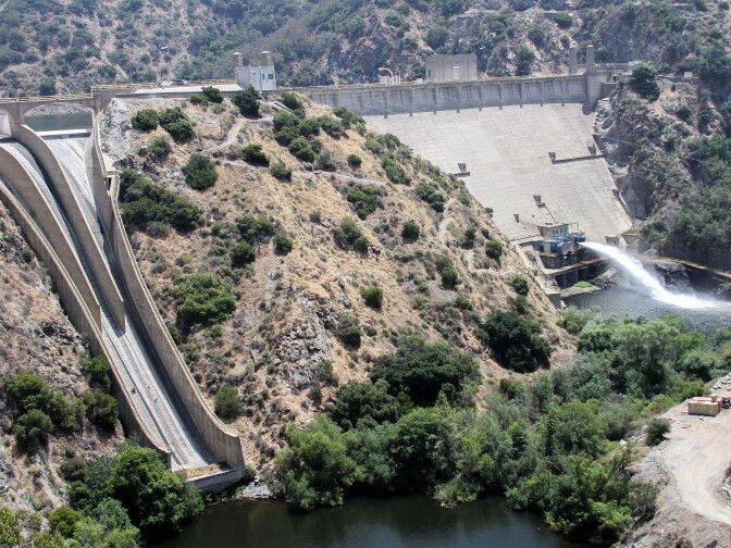 The Morris Dam with its attached spillway in Los Angeles County, California on June 7, 2017. Following a season of heavy rain the reservoir is reaching the dams capacity to retain water.