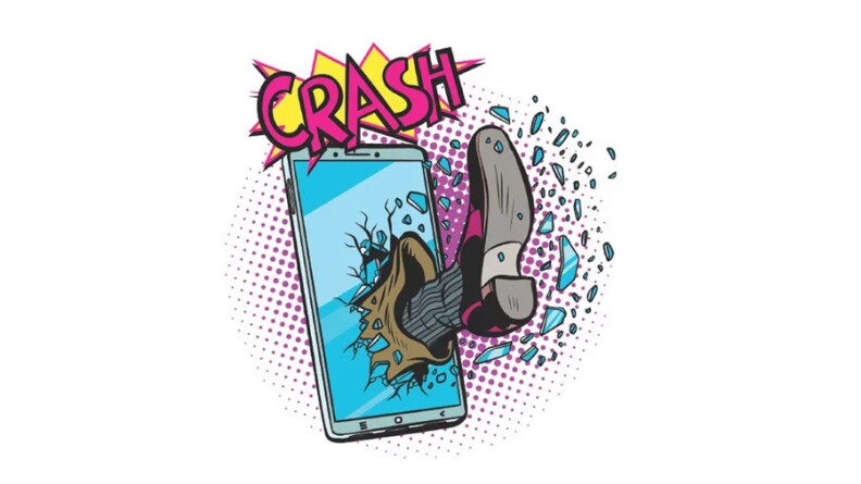 An illustration of a foot kicking through the screen of a smartphone with the word CRASH written above.
